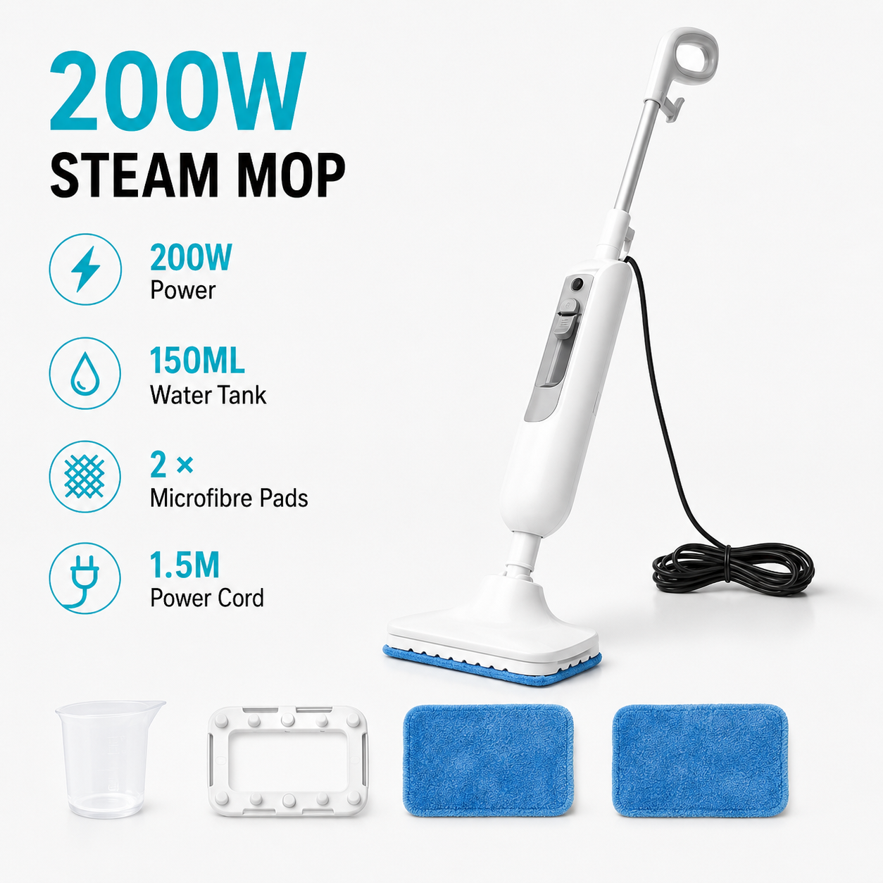 200W Fast-Heating Steam Mop with Removable Handheld Cleaner – 150ML Floor Steamer with 2 Washable Pads for Hardwood, Laminate, Tile, Glass & Grout