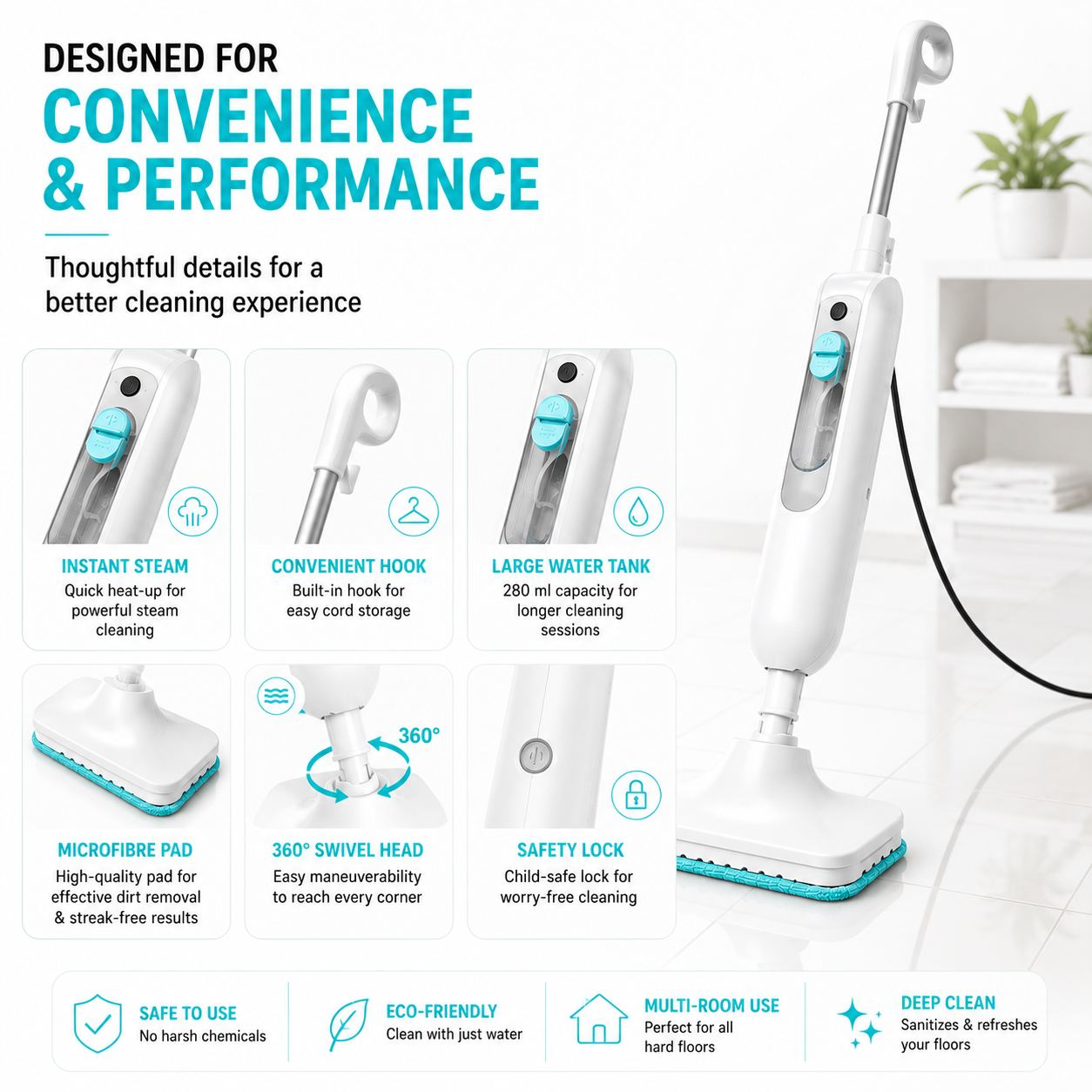 200W Fast-Heating Steam Mop with Removable Handheld Cleaner – 150ML Floor Steamer with 2 Washable Pads for Hardwood, Laminate, Tile, Glass & Grout
