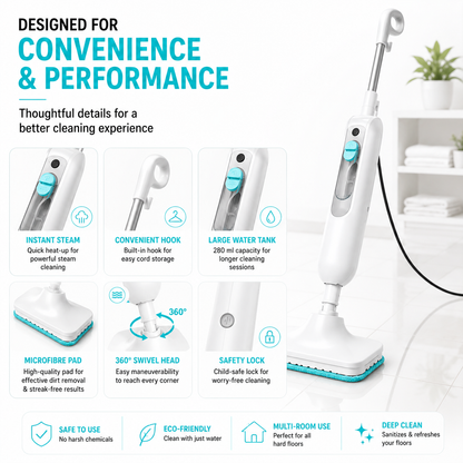 200W Fast-Heating Steam Mop with Removable Handheld Cleaner – 150ML Floor Steamer with 2 Washable Pads for Hardwood, Laminate, Tile, Glass & Grout