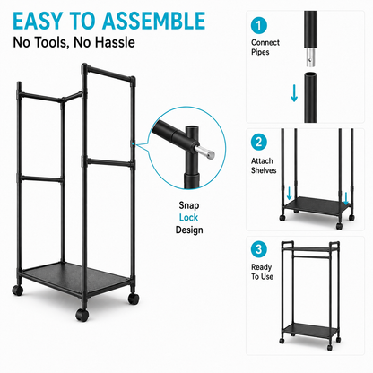 Rolling Garment Rack with Shelves & Side Hooks – Mobile Clothes Rail for Hanging Clothes, Hats, Scarves, Ties, Bags & Shoes