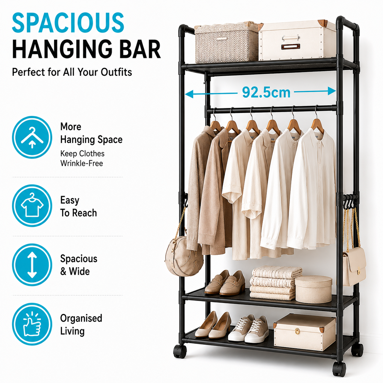 Rolling Garment Rack with Shelves & Side Hooks – Mobile Clothes Rail for Hanging Clothes, Hats, Scarves, Ties, Bags & Shoes