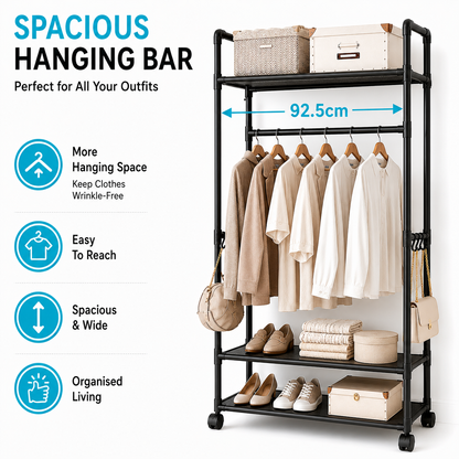 Rolling Garment Rack with Shelves & Side Hooks – Mobile Clothes Rail for Hanging Clothes, Hats, Scarves, Ties, Bags & Shoes