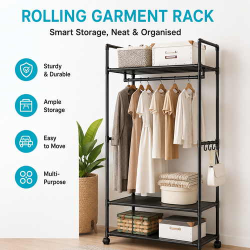 Rolling Garment Rack with Shelves & Side Hooks – Mobile Clothes Rail for Hanging Clothes, Hats, Scarves, Ties, Bags & Shoes