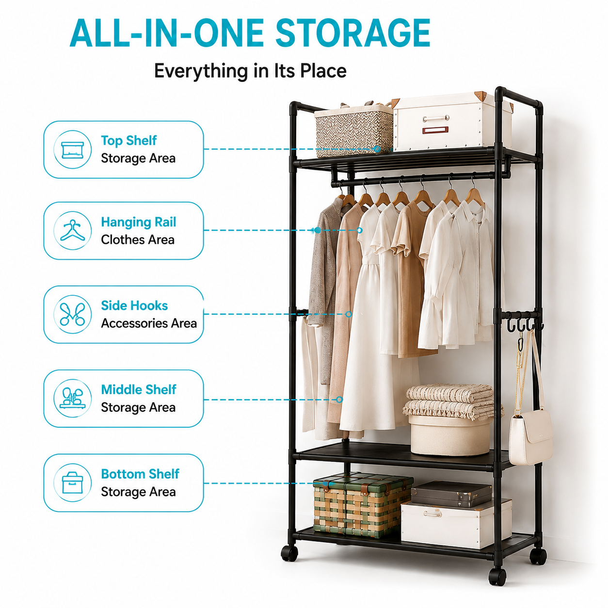 Rolling Garment Rack with Shelves & Side Hooks – Mobile Clothes Rail for Hanging Clothes, Hats, Scarves, Ties, Bags & Shoes