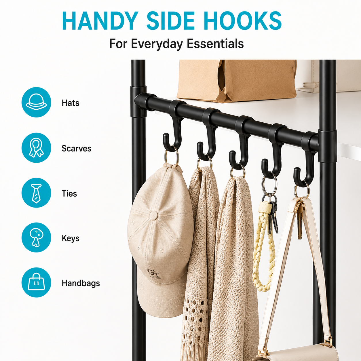 Rolling Garment Rack with Shelves & Side Hooks – Mobile Clothes Rail for Hanging Clothes, Hats, Scarves, Ties, Bags & Shoes