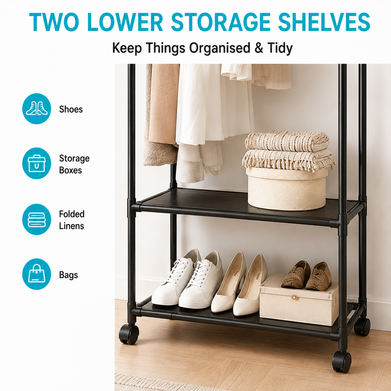 Rolling Garment Rack with Shelves & Side Hooks – Mobile Clothes Rail for Hanging Clothes, Hats, Scarves, Ties, Bags & Shoes