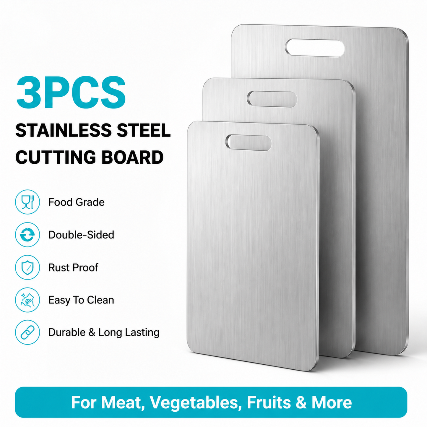 3-Piece Stainless Steel Cutting Board Set – Heavy-Duty Double-Sided Chopping Boards for Meat, Vegetables, Bread & Dough